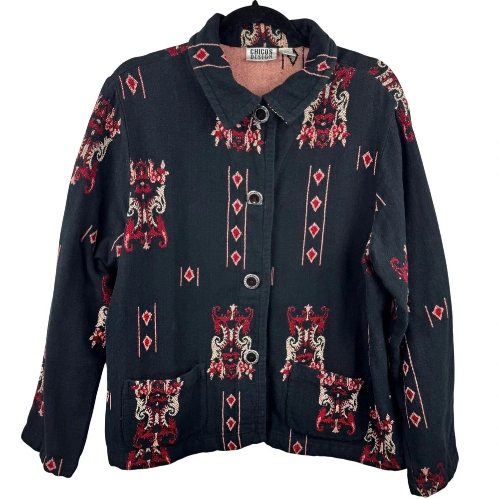 Chico's Design Jacket Womens 2 Large Black Red Tapestry‎ Cotton Blend Boho Artsy